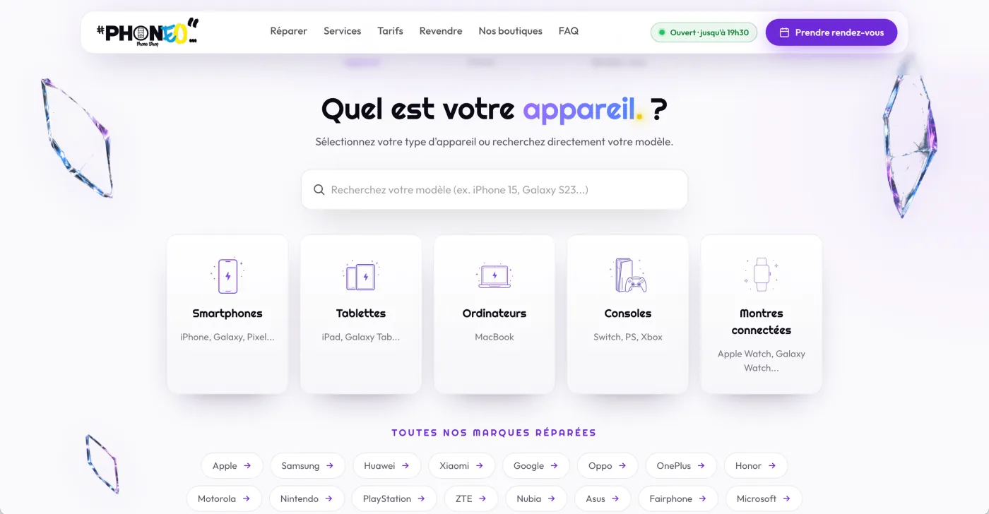 Site client synchronisé avec Sendow présentant la recherche, les familles d’appareils et les marques réparées